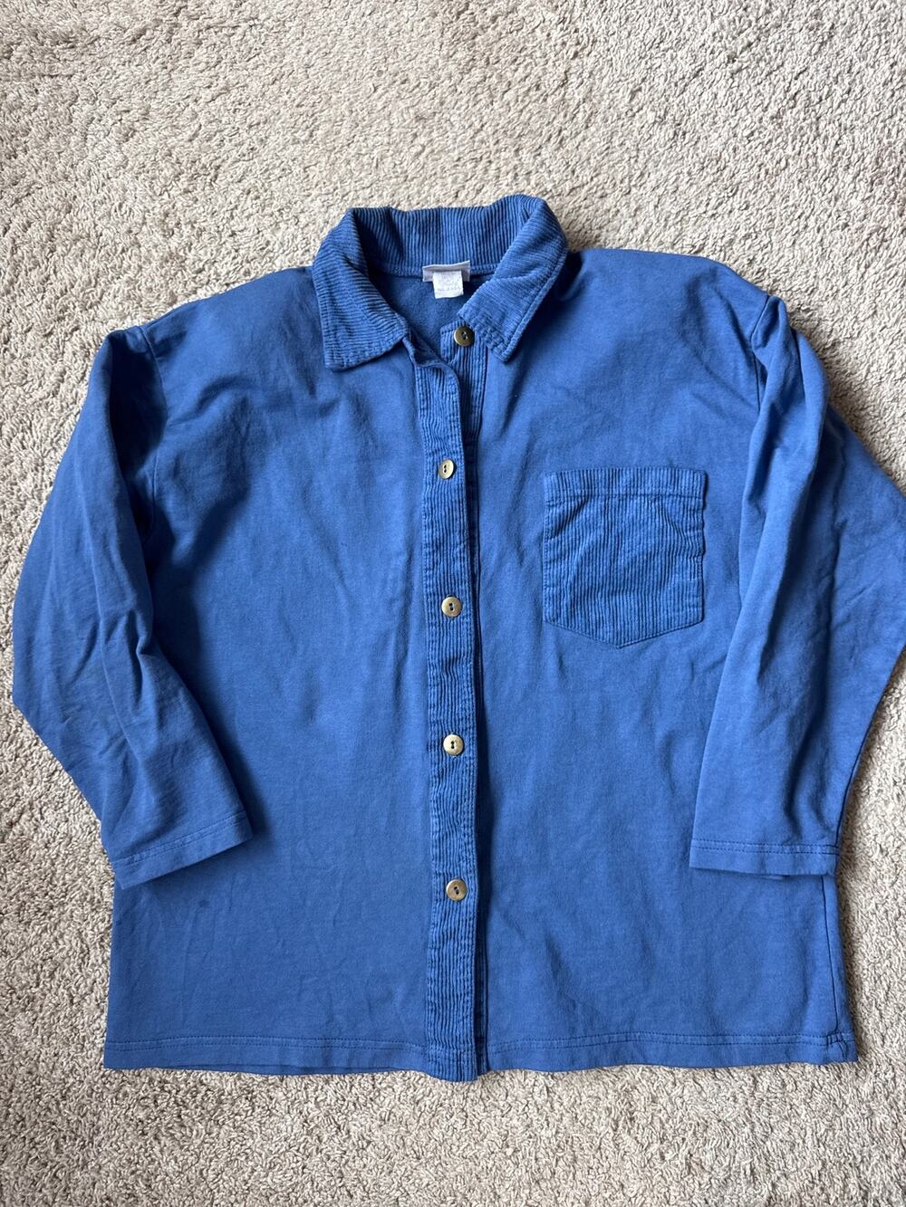 Vintage Cotton Wear Button Front Knit Shirt Jacket Blue Corduroy Trim Women's M
